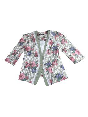 VTG Jenny Petites Floral Jacket Women's Sz 10 Lace Trim Pearl Button USA